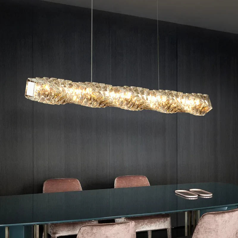 Maison Ornate Dimmable LED Crystal Industrial Indoor Light Rings chandelier, glowing with adjustable warm light.