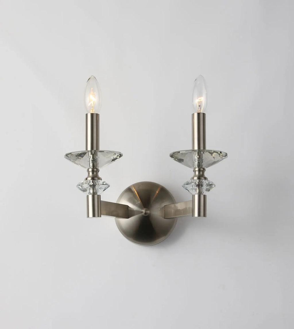 Maison Ornate Retro Industrial Iron Crystal Chandelier with two candle bulbs, metal arms, and clear crystal accents.