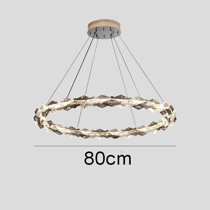 Modern crystal chandelier with jagged ring design, dimmable LED lights, 80cm diameter, metal suspension.