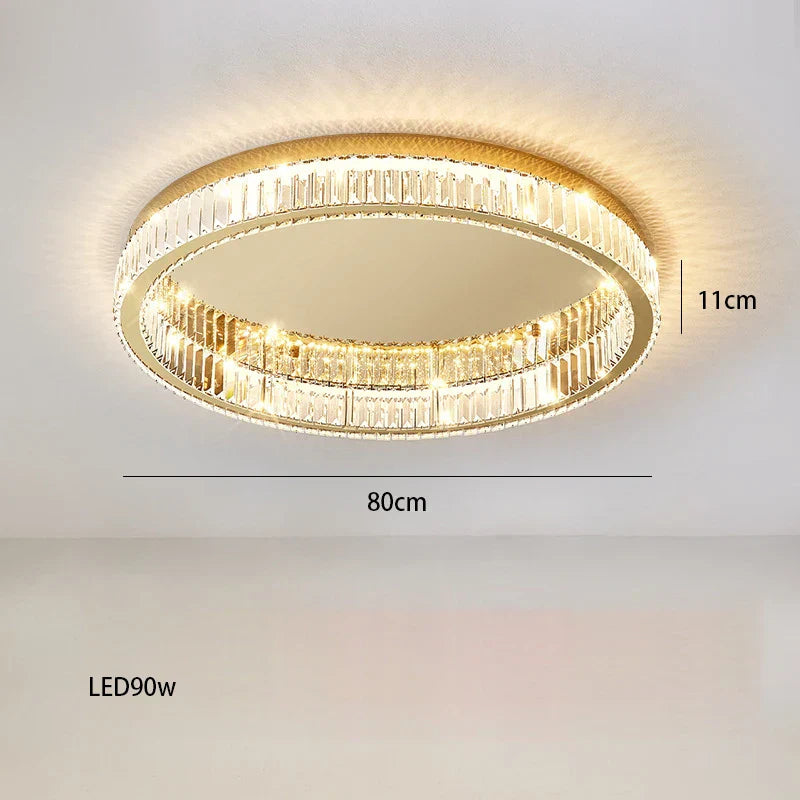 Modern round chandelier with crystal accents, 90W dimmable LED, 80 cm diameter, 11 cm height.