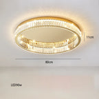 Modern round chandelier with crystal accents, 90W dimmable LED, 80 cm diameter, 11 cm height.