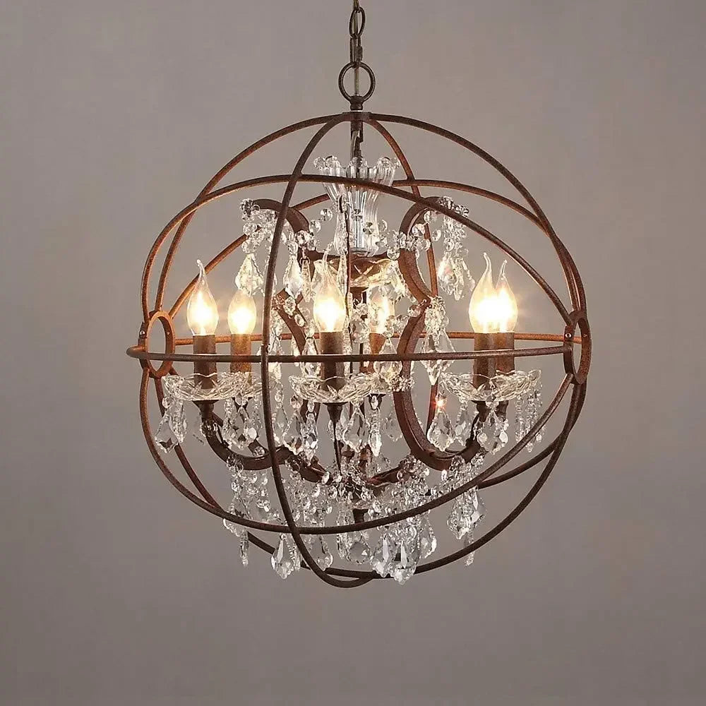 Maison Ornate American style birdcage iron chandelier with crystal pendants, five candle bulbs.
