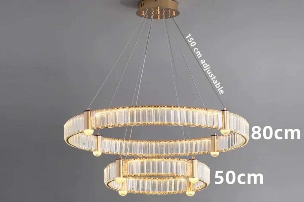 Maison Ornate Nordic chandelier with two crystal-trimmed LED tiers suspended by adjustable wires.