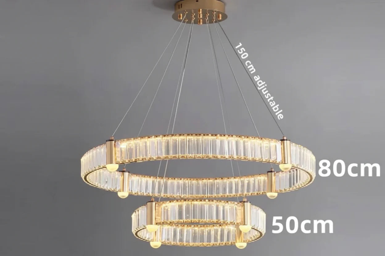 Maison Ornate Nordic chandelier with two crystal-trimmed LED tiers suspended by adjustable wires.