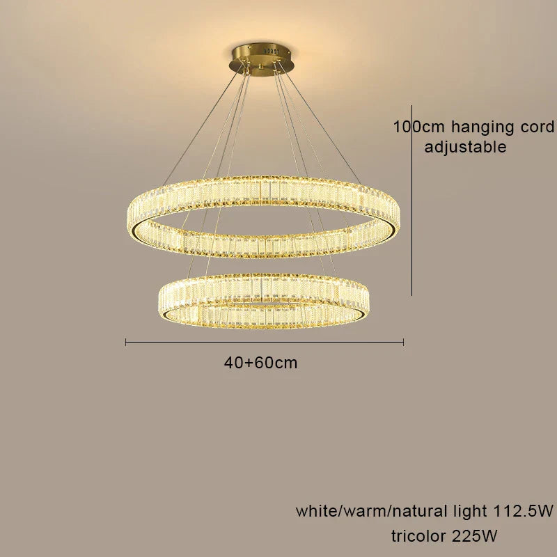 Modern LED crystal chandelier with two adjustable rings, dimmable light, white or warm settings.