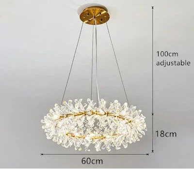 Modern crystal chandelier with gold accents, floral details, three cables; 60cm diameter, adjustable height.