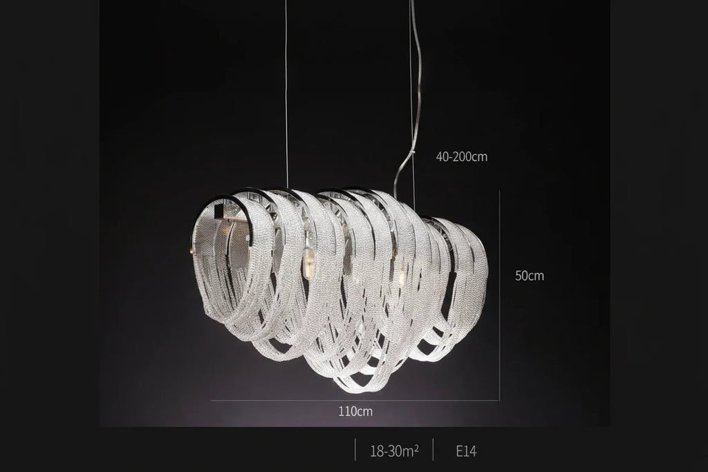 Maison Ornate Modern Nordic chandelier with LED crystal tassels, overlapping ovals, 110x50cm, adjustable length.