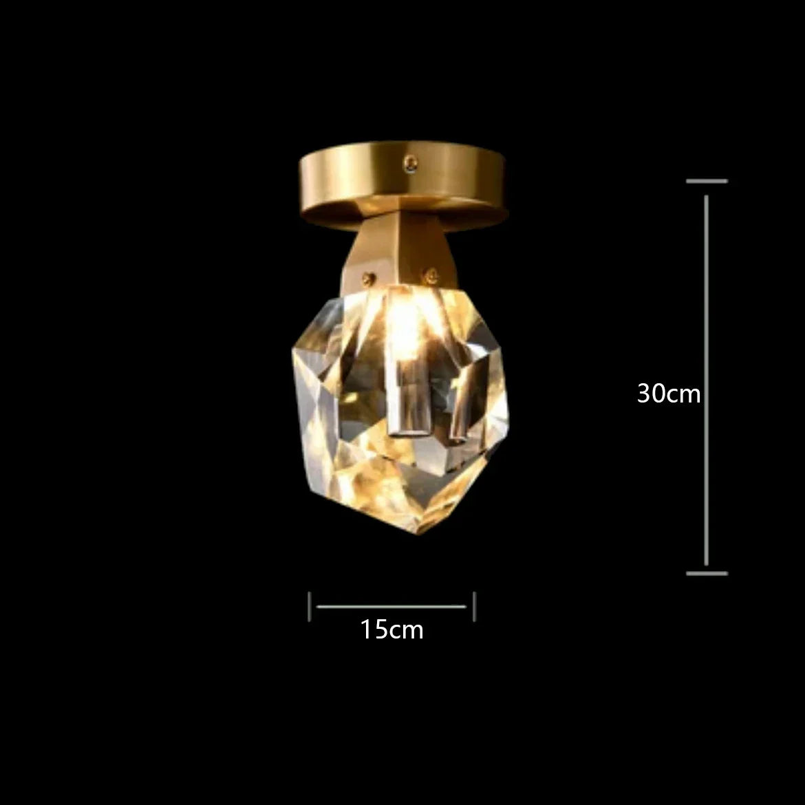 Elegant crystal glass pendant chandelier with brass fixture, faceted shade; 30x15 cm size.