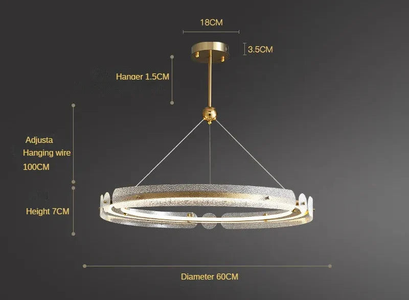 Modern gold circular chandelier, Art Deco style, crystal accents, three adjustable wires, Nordic minimalist design.
