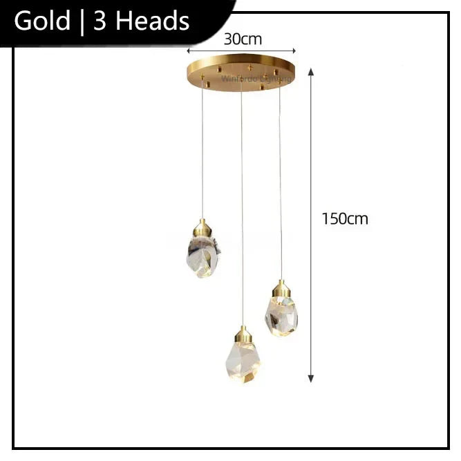 Modern crystal chandelier with three LED bulbs at varied heights, longest drop 150cm.