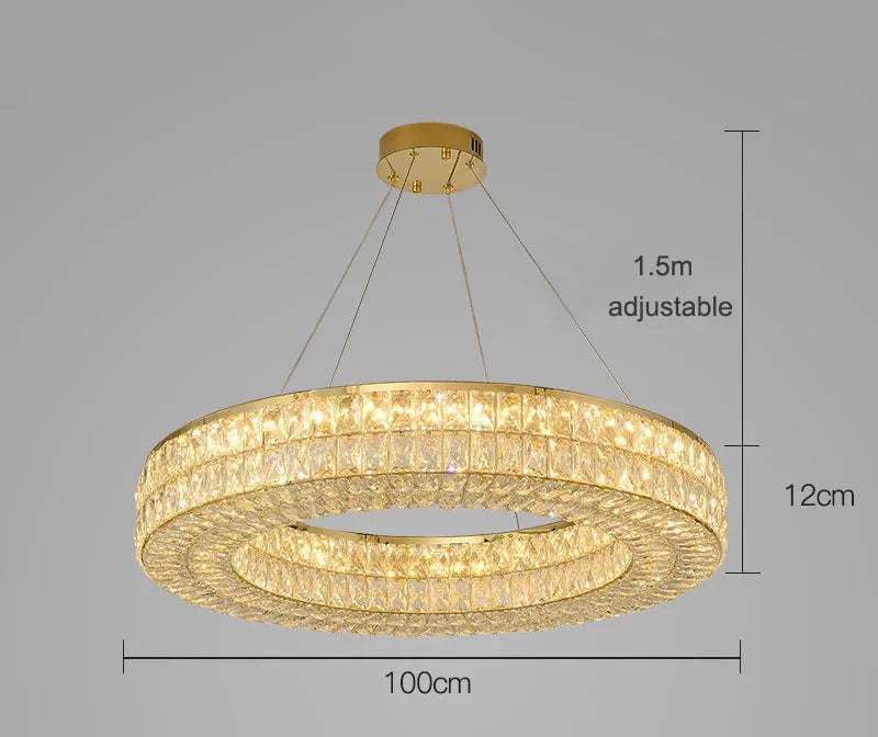 Maison Ornate Art Deco crystal chandelier with warm LED, three wires, 100cm diameter, adjustable hanging.