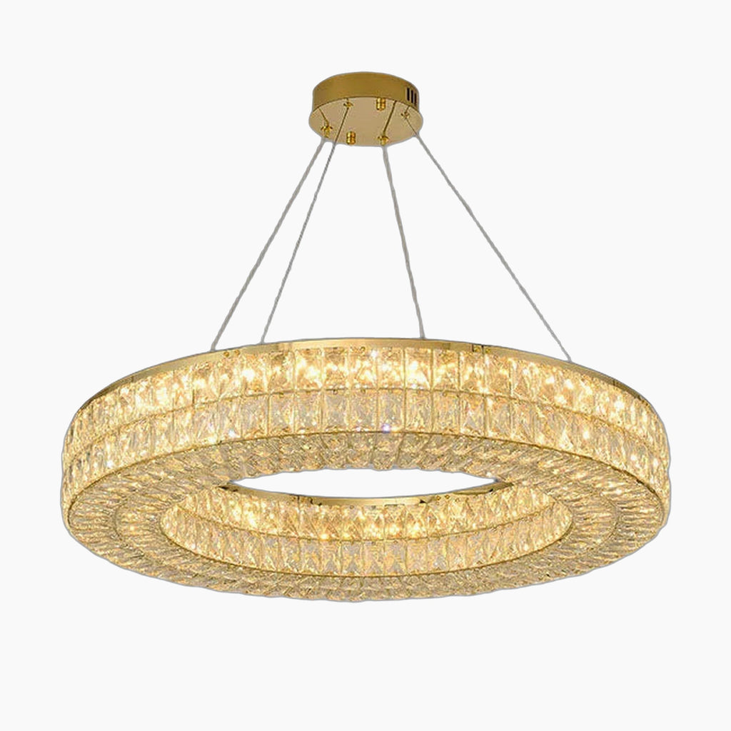 Art Deco circular crystal chandelier with gold frame, LED lights, and four slim suspension cables.