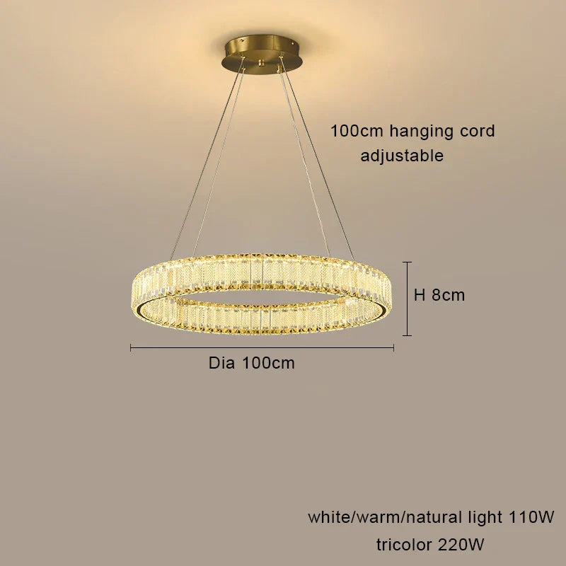 Circular modern chandelier with adjustable cords, crystal accents, and dimmable tricolor LED lighting.