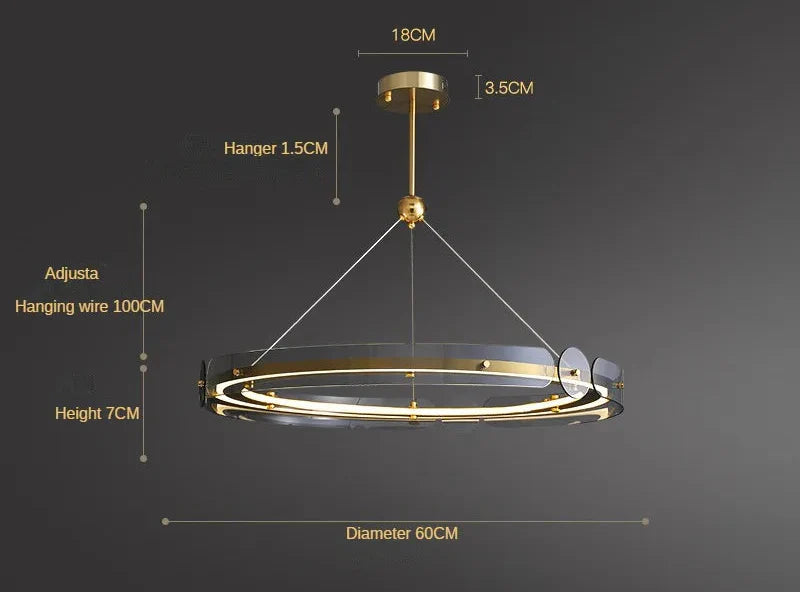 Gold Art Deco crystal chandelier, circular 60cm design, 7cm ring, three-wire suspension—modern minimalist style.