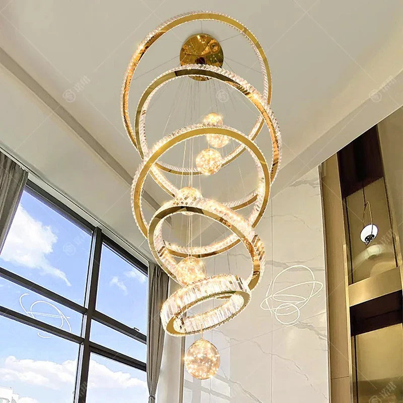 Maison Ornate Crystal Chandelier features sparkling crystal spheres and LED smart rings, elegantly suspended.