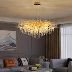 Maison Ornate’s Modern Interior LED Crystal Chandelier with branch-like arms and hanging glass droplets.