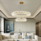 Maison Ornate Crystal Hallway Chandelier with light rings and floral accents, elegantly illuminated.