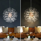 Maison Ornate Modern LED Crystal Iron Pendant Chandelier shown off and warmly illuminated, labeled OFF and ON.
