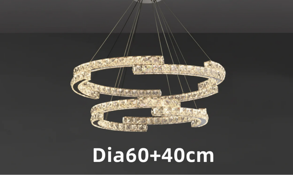 Maison Ornate Crystal Chandelier with stainless steel LED, two interlocking crystal-embellished rings. Modern style.