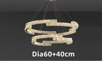 Maison Ornate Crystal Chandelier with stainless steel LED, two interlocking crystal-embellished rings. Modern style.