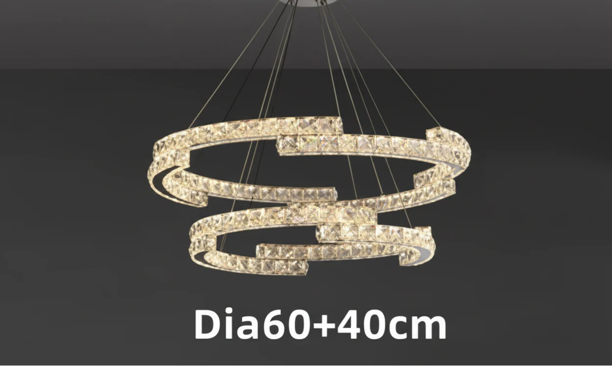 Maison Ornate Crystal Chandelier with stainless steel LED, two interlocking crystal-embellished rings. Modern style.