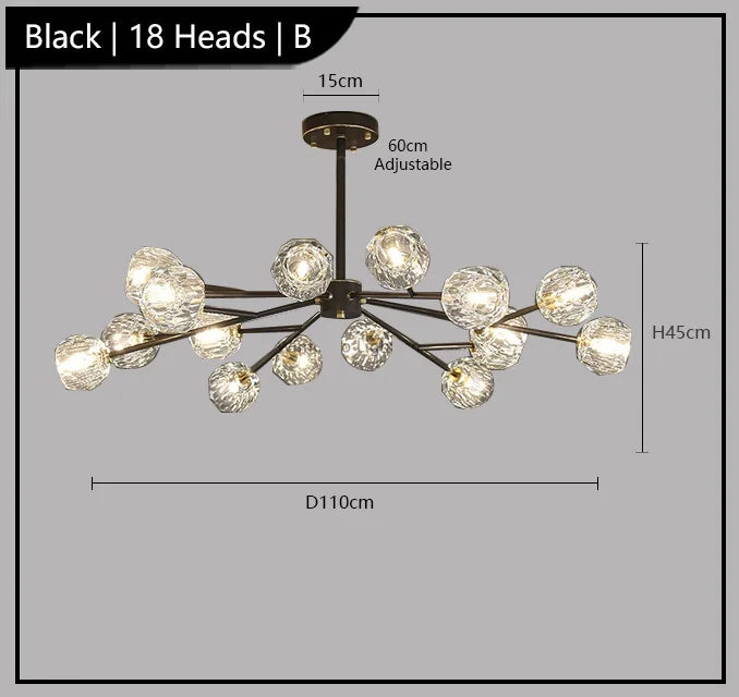Elegant postmodern chandelier with 18 LED bulbs, branching arms, and adjustable rod, 110 cm wide.