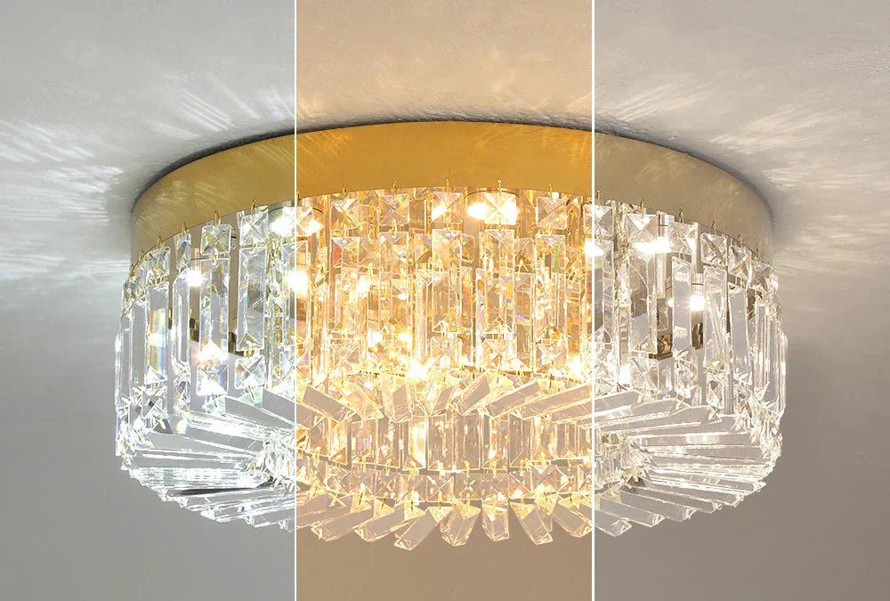 Maison Ornate Modern Gold Crystal Chandelier shown in cool, warm, and daylight LED brightness modes.