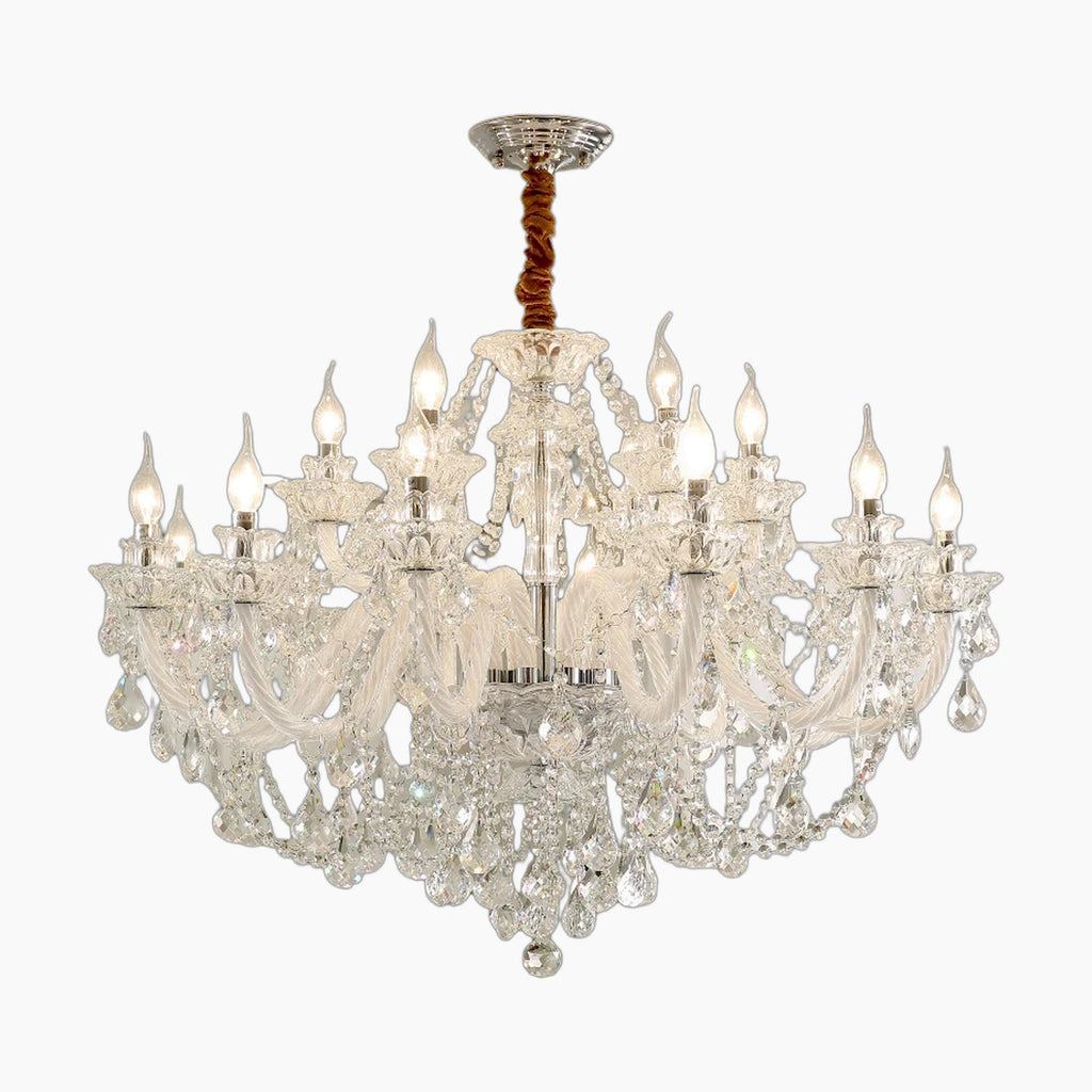 Maison Ornate large chandelier with crystal pendants, candle bulbs, chrome finish; LED compatible.