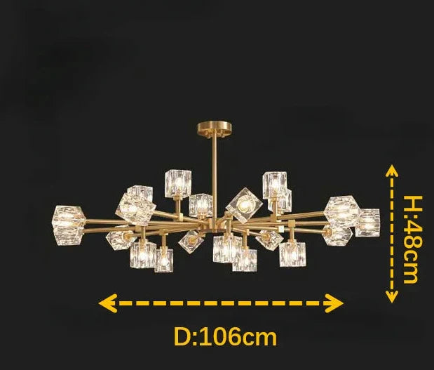 Maison Ornate Modern Crystal Chandelier with LED lighting, multi-arm design, crystal cube covers.
