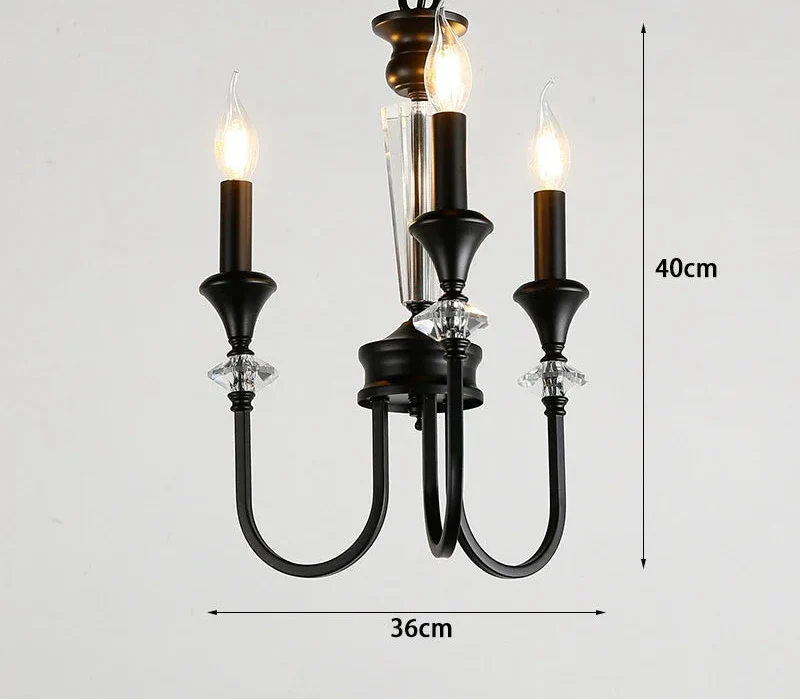 Black three-arm vintage chandelier with crystal accents, candle-style LED bulbs, luxury finish, 40x36 cm.