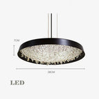 Black-framed chandelier with crystal accents, LED lighting, 36 cm diameter, 7 cm tall, minimalist design.