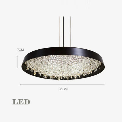 Black-framed chandelier with crystal accents, LED lighting, 36 cm diameter, 7 cm tall, minimalist design.