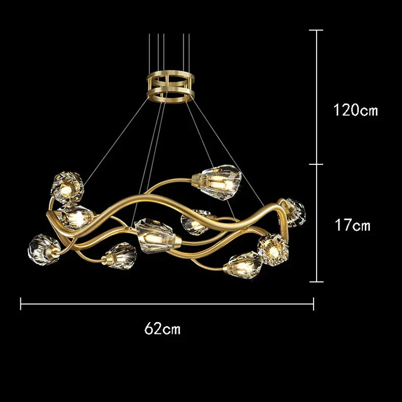 Curved gold chandelier with eight dimmable LED crystal glass pendants, suspended by wires.