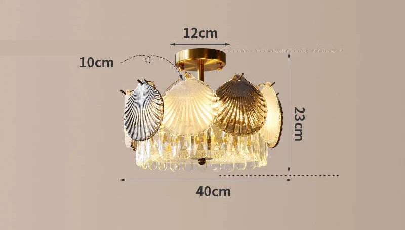Ornate French modern chandelier with shell panels, crystal drops, and LED lighting; 40cm wide.
