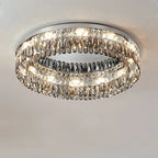 Rectangular LED chandelier with sparkling crystal prisms and bright white light, modern and elegant.