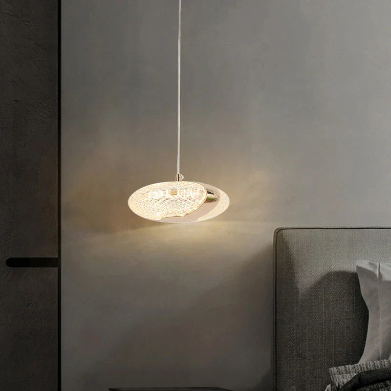Maison Ornate Modern Crystal Chandelier with gold accents, circular textured glass shade, thin suspension cord.