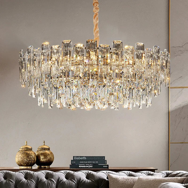 The Modern LED Crystal Artistic Design Hanging Light by Maison Ornate with glass prism tiers.