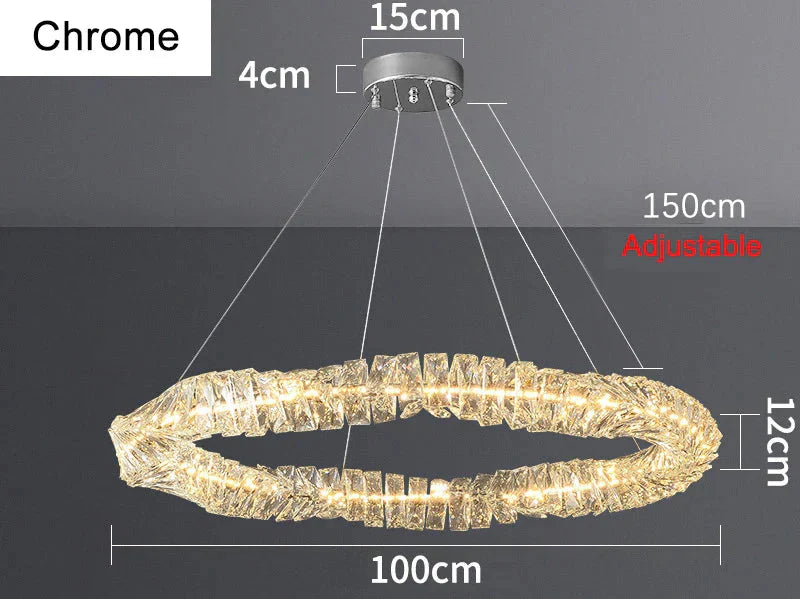 Oval-shaped dimmable LED crystal chandeliers with chrome finish, warm white light, and adjustable suspension wires.
