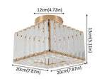 Square Art Deco crystal chandelier with gold accents; arrows show 12cm base, 13cm height, 20cm width.