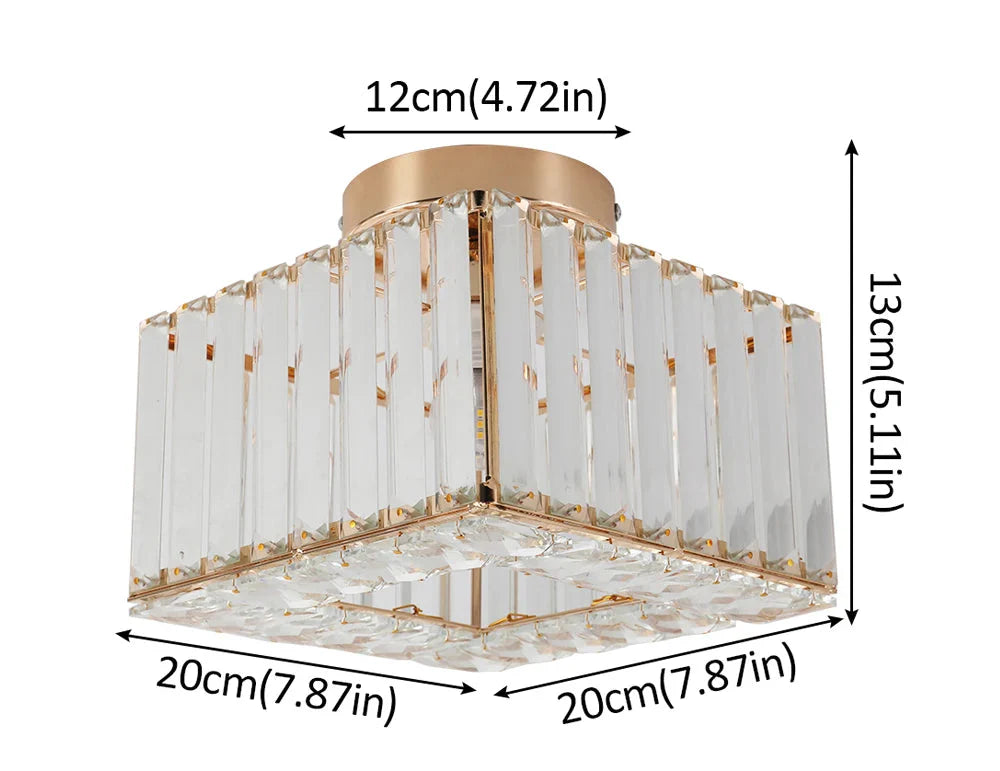 Square Art Deco crystal chandelier with gold accents; arrows show 12cm base, 13cm height, 20cm width.