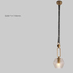 Crystal Ball Chandelier with geometric glass shade, black leather suspension, and gold hardware.