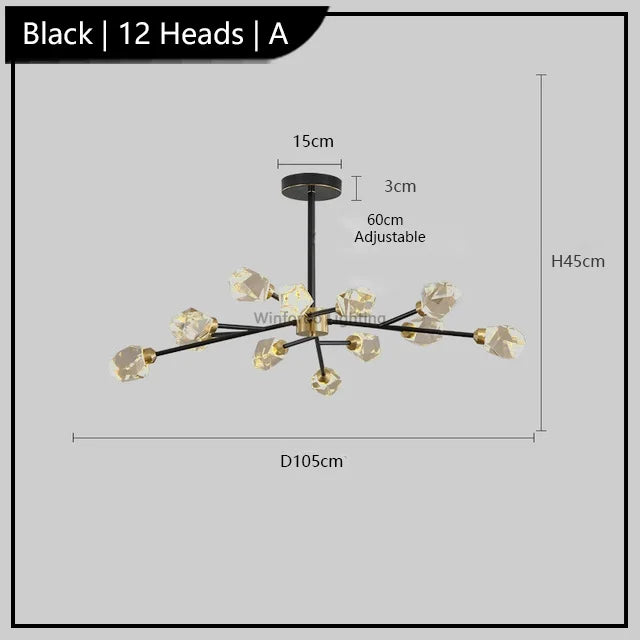 Postmodern black chandelier with 12 faceted glass LED heads, adjustable rod, 105cm wide.