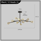 Postmodern black chandelier with 12 faceted glass LED heads, adjustable rod, 105cm wide.