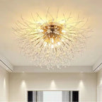 Ornate modern multi-head chandelier with gold accents, tassels, and sparkling crystal-adorned branches.