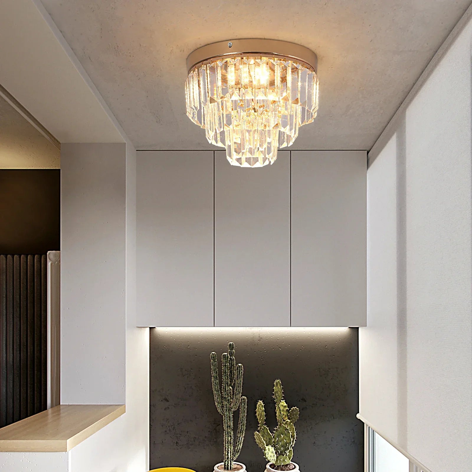 Maison Ornate Modern K9 Crystal Dining Room Chandelier with LED, elegant crystals and sleek gold accents.