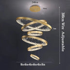 Five gold LED ring chandelier tiers, 80–30 cm wide, adjustably suspended by slim wires.