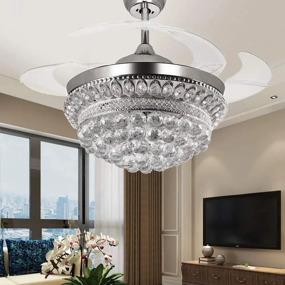 Maison Ornate Crystal Bedroom Chandelier with LED fan, crystal accents, and clear blades suspended overhead.
