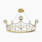 Maison Ornate crown-shaped chandelier with spherical lights, crystal accents, and three-wire suspension.