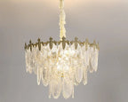 Maison Ornate Retro Leaf Crystal Art Deco LED chandelier with layered clear glass and gold accents.