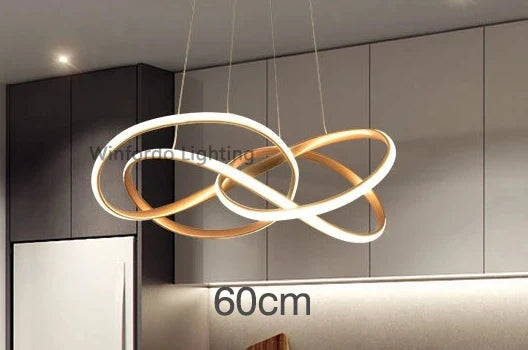 Interlocking gold and white ring chandelier with LED lights, 60cm wide, elegant modern design.